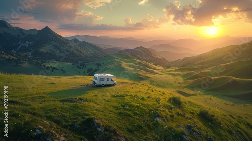 Traveler's caravan parked amidst serene mountainous terrain at sunset with AI generative landscape