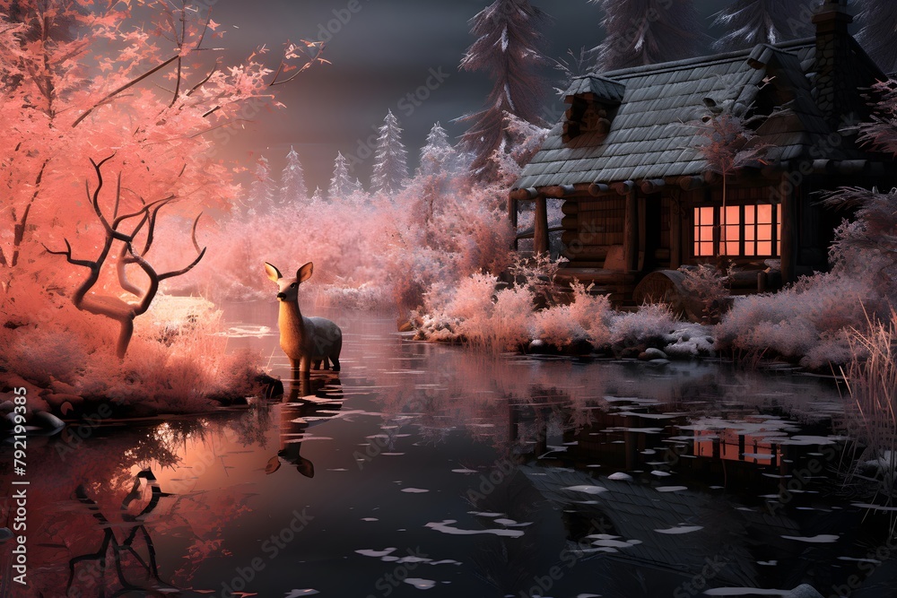 Fantasy landscape with a reindeer on the bank of a frozen lake.