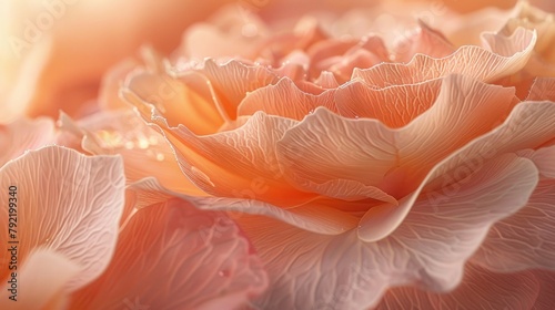 Close up of the petals of a rose or ranunculus in peach fuzz