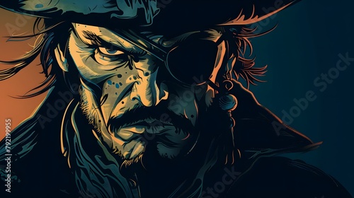 Angry vector Pirate face, wearing hat and eye patch