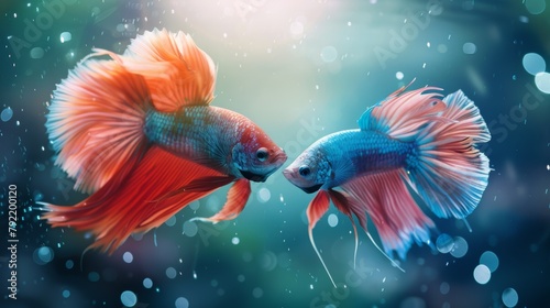 Graceful ballet of two vibrant betta fish under the sea with AI generative imagery