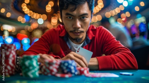 Gambler man hands pushing large stack of colored poker chips across gaming table for betting photo