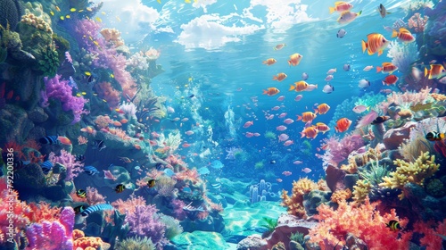 Vibrant underwater seascape with diverse fish and corals basking in sunbeams © lemoncraft