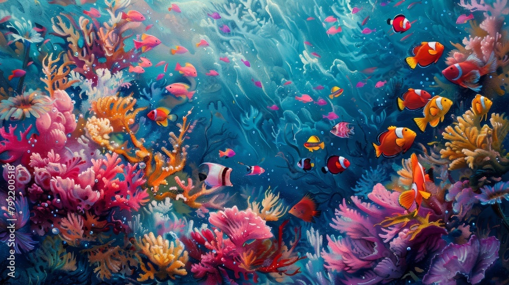 Vibrant underwater seascape with diverse fish and corals basking in sunbeams