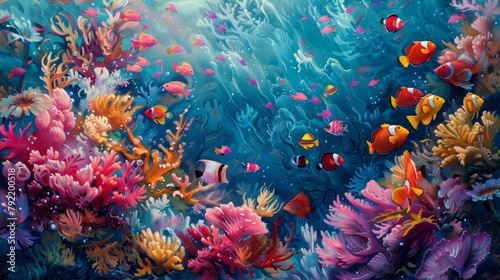 Vibrant underwater seascape with diverse fish and corals basking in sunbeams