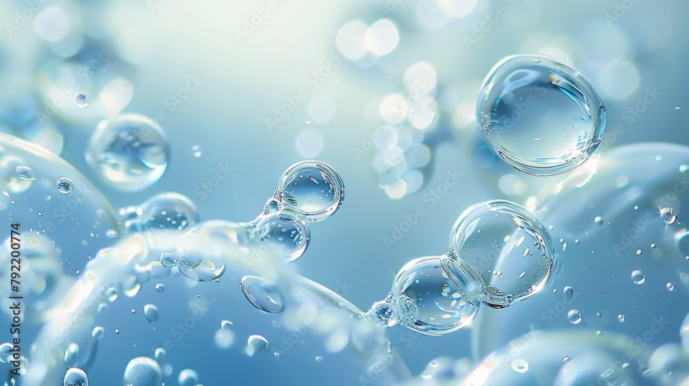 Crystal clear water bubbles floating elegantly on a serene light blue background