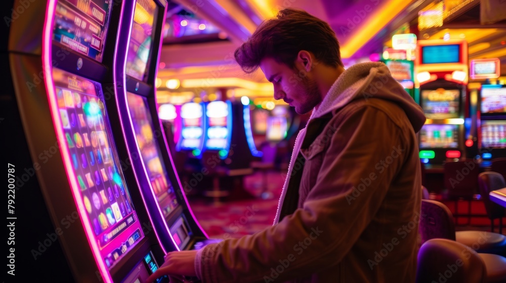 Naklejka premium Gambler man hands pushing large stack of colored poker chips across gaming table for betting