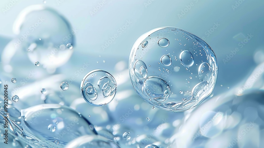 Crystal clear water bubbles floating elegantly on a serene light blue background Crystal clear water bubbles floating elegantly on a serene light blue background