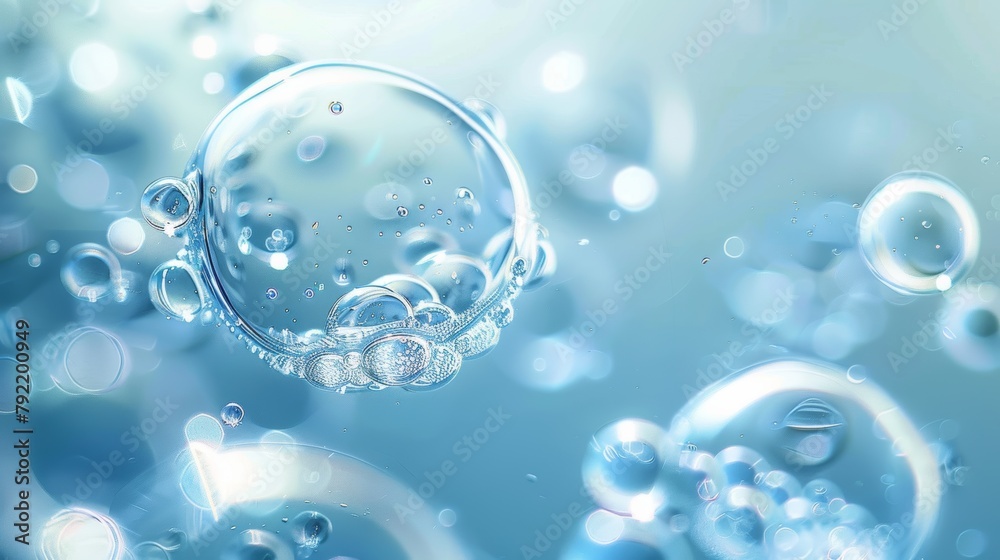Crystal clear water bubbles floating elegantly on a serene light blue background