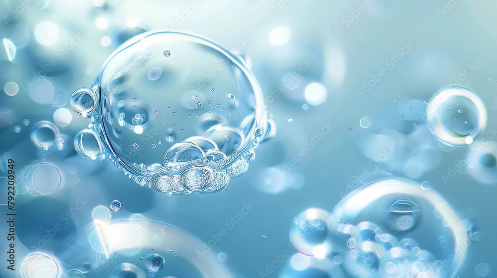 Crystal clear water bubbles floating elegantly on a serene light blue background Crystal clear water bubbles floating elegantly on a serene light blue background