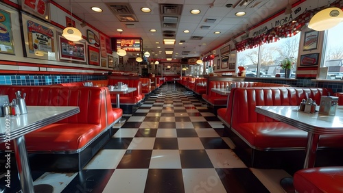 Retro Diner Aesthetic: Red Vinyl Booths, Checkered Floors, and Chrome Finishes. Concept 1950s, Vintage, Diner, Retro, Aesthetic © Ян Заболотний