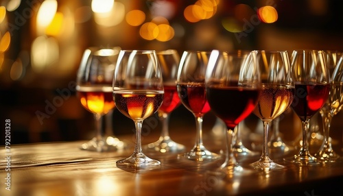 An array of wine goblets topped with red liquid sits next to each other on a dining room table. photo