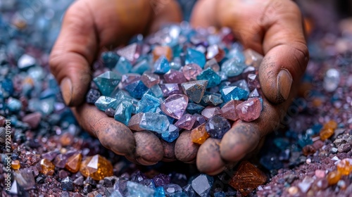 Miners diligently dig and extract vibrant diamonds and gemstones by hand for their mining careers before they undergo the polishing process, Generated by AI photo
