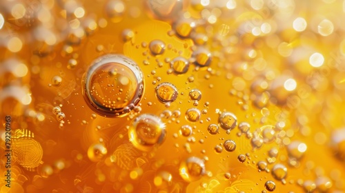 Golden effervescence: close-up of sparkling bubbles in amber liquid under radiant light