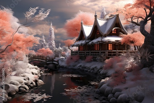 Korean traditional house in a winter landscape. 3D rendering. photo