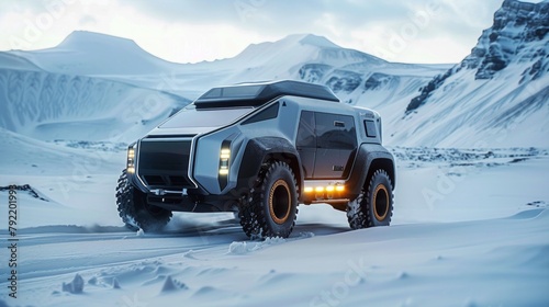 Futuristic arctic transport. SUV on big wheels for snow surface