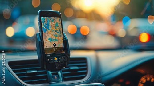 The map on the phone in the background of the dashboard and street . Mobile phone with map gps navigation fixed in the mounting. copy space. photo