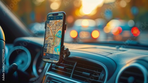The map on the phone in the background of the dashboard and street . Mobile phone with map gps navigation fixed in the mounting. copy space. photo
