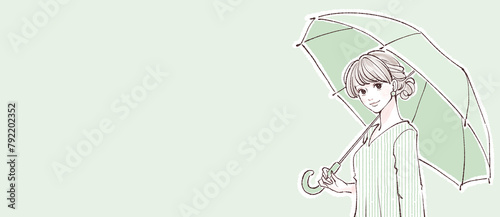 傘/傘をさす/雨/梅雨/台風/悪天候/紫外線/日焼け/日傘/UVカット/紫外線対策/寝癖/湿気/ジトジト/ジメジメ/ムシムシ/6月/女性のイラスト素材