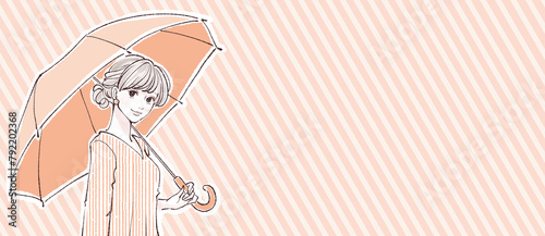 傘/傘をさす/雨/梅雨/台風/悪天候/紫外線/日焼け/日傘/UVカット/紫外線対策/寝癖/湿気/ジトジト/ジメジメ/ムシムシ/6月/女性のイラスト素材
