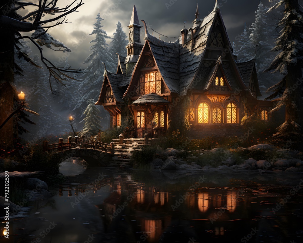 Digital painting of a wooden house in a snowy forest at night.