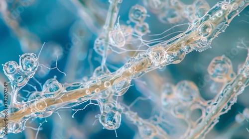 A microscopic view of fungal threads on the surface of decaying plant matter. The threads are breaking down the material releasing