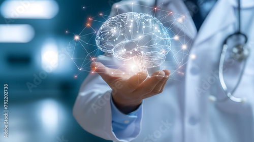 Doctor holding a Medical technology hologram of Digital Brain. Technology in medicine. Medical technology hologram concept 