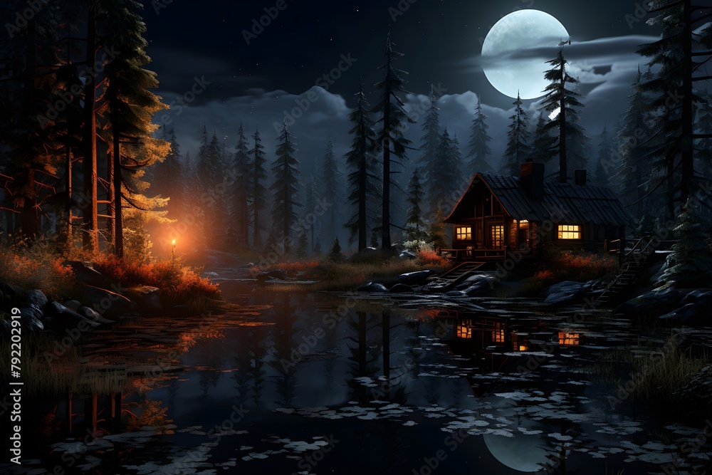 Night landscape with a lake and a wooden house. 3d rendering