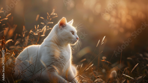 Sunset Serenity, White Cat Contemplation photo