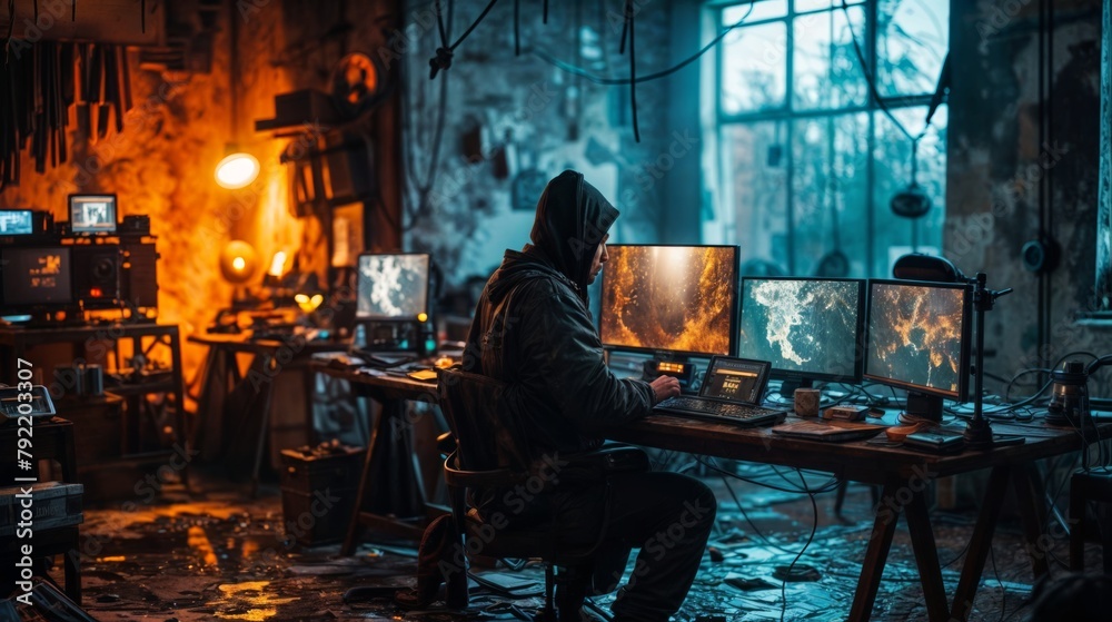 A hacker in a hoodie is sitting at a table in a dark room with computers. The concept of hacking and cyber terrorism.