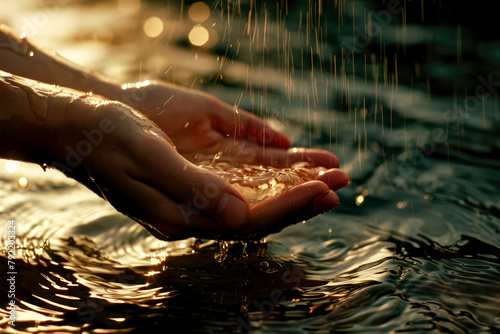 Hands cupping water, rain drops golden reflection from sunlight, sunlight sparkling off the surface of a river