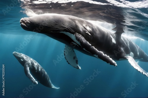 'whale humpback calf water sea animal ocean blue mammal fish underwater swimming swim marin nature aquatic fin head life happy wildlife baby drone wild love calm tropical western australia coast'