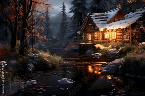 Beautiful winter landscape with wooden house on the bank of mountain river