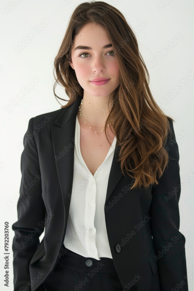Professional Young Woman in Crisp White Blouse and Blazer. Professional Young Woman in Crisp White Blouse and Blazer.