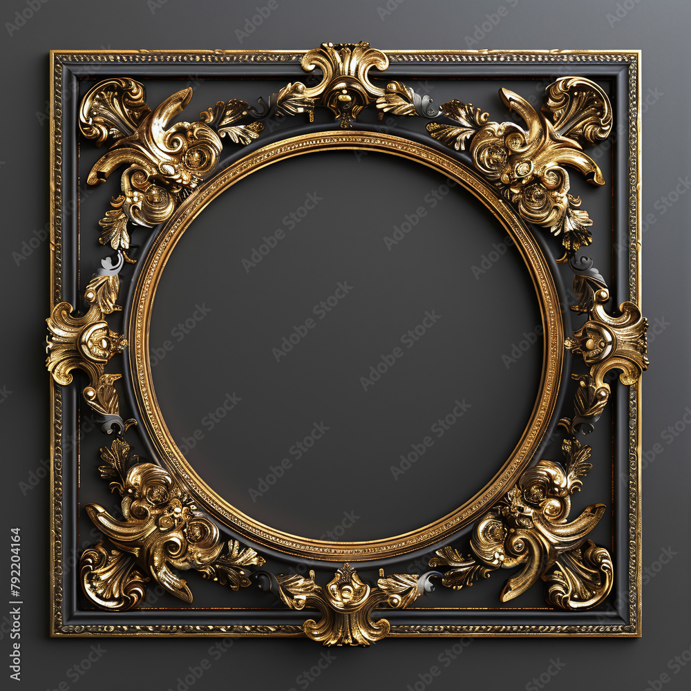 antique sophisticated classic circular golden frame on black background, art nouveau style