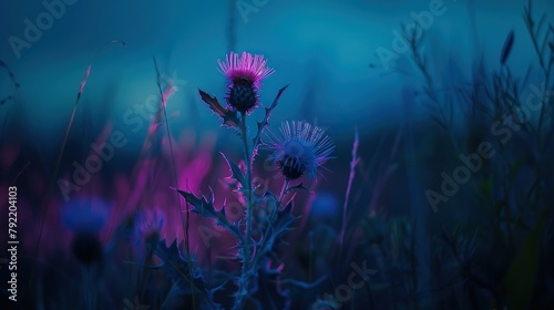 photo of single beautiful bioluminescent thistle flowers in nature