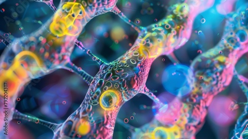 An upclose image of an algal cells nucleus with its DNA strands and other genetic material visible as colorful threads and dots.