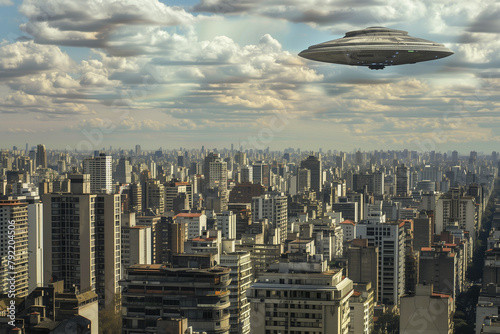 mysterious UFO flying over the sky of the city of Buenos Aires, Argentina, during the day.