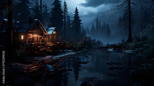 Panorama of a cottage in the forest at night with reflection in the water