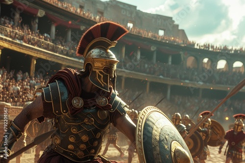 Gladiator in coliseum: fierce warrior in iconic roman arena, epitome of ancient combat, historical spectacle in majestic rome, dramatic portrayal of bravery and valor