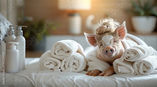 Adorable spa pig: cute and pampered pig enjoying relaxing spa treatments, a charming and delightful scene of animal wellness and indulgence, perfect for showcasing relaxation and cuteness photo