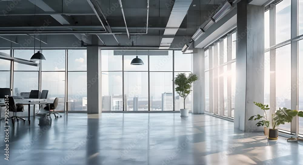 An empty office space with large windows and a city view. There are two ...