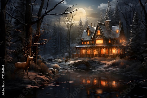 Winter forest landscape with a river and a wooden house at night.