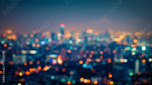 Defocused cityscape at night With illuminated skysers and ling lights in the background this image captures the bustling energy of a connected world. Amidst the urban chaos its easy . © Justlight