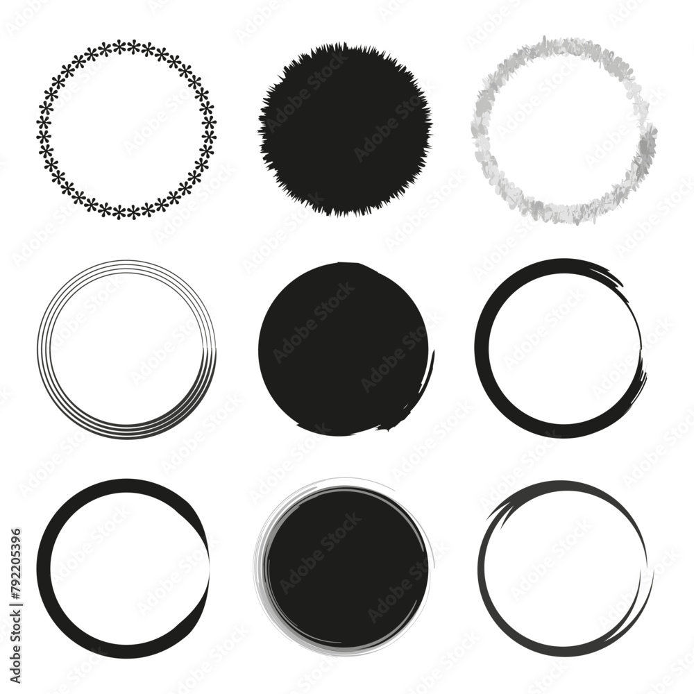 Abstract brush circles. Decorative round borders. Vector stroke set. Vector illustration. EPS 10. Abstract brush circles. Decorative round borders. Vector stroke set. Vector illustration. EPS 10.
