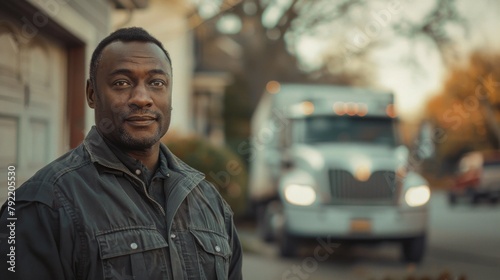 Portrait of african american truck driver in front of his car. © PaulShlykov