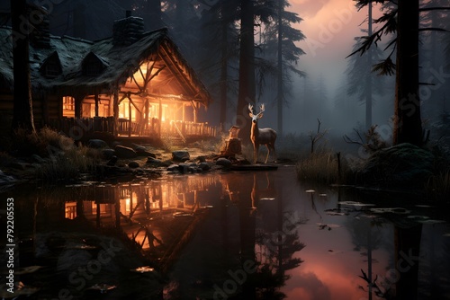 Foggy night in the woods. Wooden cottage by the river.