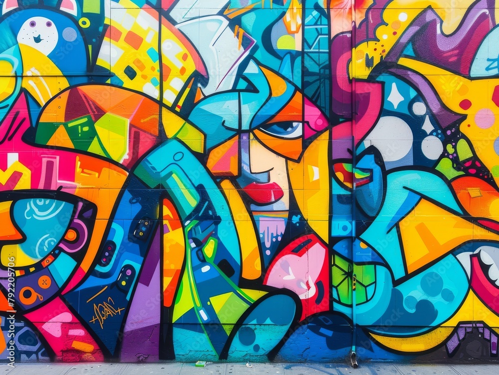 A colorful mural of a woman's face and various shapes and symbols.