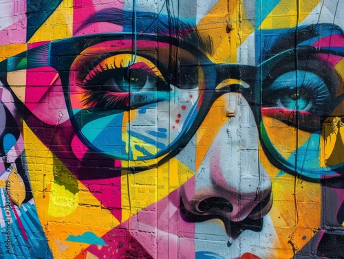 A colorful mural of a woman's face with glasses.