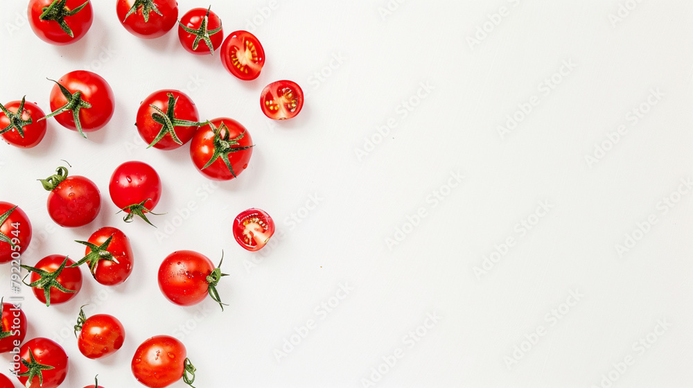 Multiple Fresh Red Tomatoes Arranged Randomly on a Plain White Background with Soft Natural Lighting, Showing Smooth Skins and Stems, Isolated Top View of Whole Ripe Tomatoes Multiple Fresh Red Tomatoes Arranged Randomly on a Plain White Background with Soft Natural Lighting, Showing Smooth Skins and Stems, Isolated Top View of Whole Ripe Tomatoes